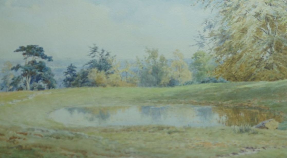 Elliot Haigh Marten (1865-1953), pair of watercolours, 'Autumn dew pond at Chanctonbury Woods' and 'Farm under Chanctonbury from Steyning Road', signed, 20 x 33cm